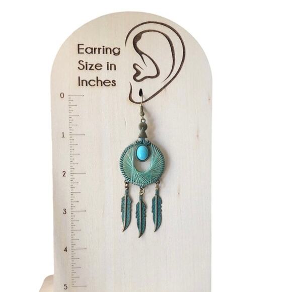 Retro Green Patina Brass Round Hand Wound Feather Wing Leaf Turquoise Earrings - Picture 11 of 12